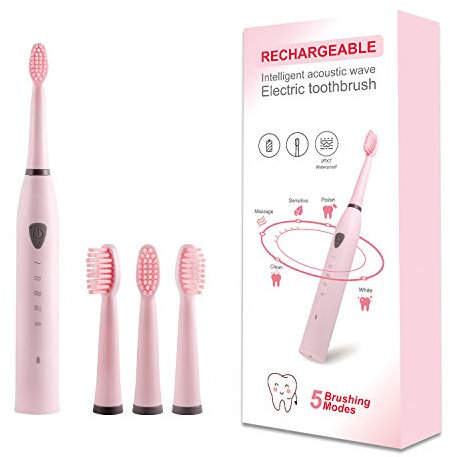 Brosse à Dents Sonique Électrique Rechargeable pour Adultes, 5 Modes, Minuterie 2 Minutes et 4 Têtes de Brosse(rose)