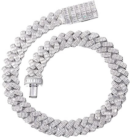 Fantex vergoldete 17MM schwere kubanische Gliederkette Iced Out Bling Carre Baguette CZ Lab Diamant Luxus Halskette mit Box Schnalle Charme Hip Hop Schmuck Set für Männer Frauen (White, 20)
