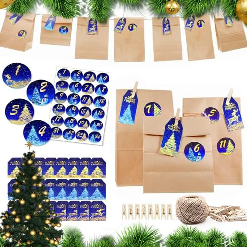 24 Adventskalender zum Befüllen, Weihnachtskalender Tüten Adventskalender 2022 zum Befüllen mit 1-24 Zahlen Aufkleber und Weihnachten Geschenksäckchen für Kinder Mädchen