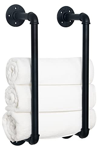HouseAid Porte-serviettes en forme de tuyau industriel, support de rangement de serviettes de salle de bain de style vintage, montage mural, noir mat