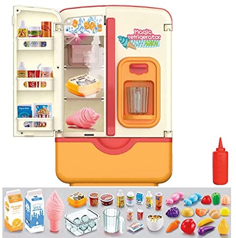 Red Spray Refrigerator with Ice Dispenser - Pretend Play Appliance for Kids, Play Kitchen Set with Accessories, Music and Light