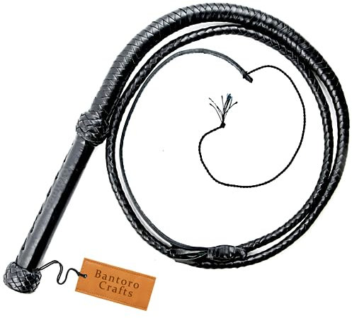 Noir Fouet en Cuir véritable Cravache 6 Pieds (1,8 mètre) de Longueur 12 Tresses Brins Cuir tressé Fouet craquant Fort Equitation