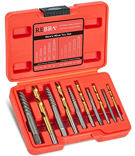 REBRA Set di punte per trapano a vite e sinistra, per rimuovere bulloni rotti, kit di trapano in acciaio HSS cobalto inverso, spogliato, arrotondato, bulloni danneggiati, viti e prigionieri, 10 pezzi