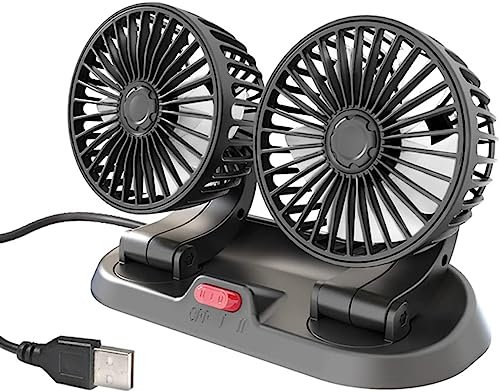 MACHSWON Electric Car Fan Dual Head Automobile Fans Speed Adjustable Car Cooling Fan Rotatable Car Dashboard Fan Portable Car Fan with Cigarette Lighter/USB Powered