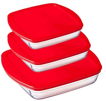 Ôcuisine® Cook & Store Glass Storage & Lunch Containers With Lids | Extreme Resistance | Oven Safe - Freezer Safe - Microwave Safe (Square Dishes with Lid Set of 3 (1.7, 1.0, 2.2LT))