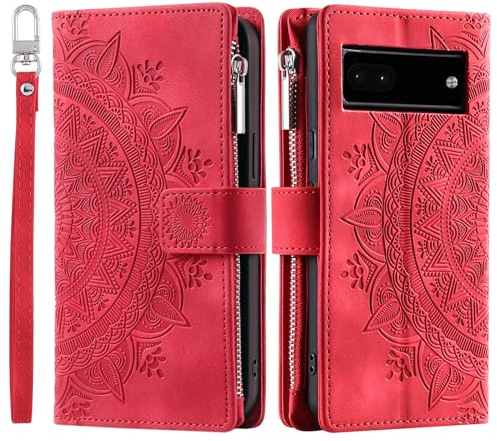 VEEMOS Handyhülle für Google Pixel 6a hülle Klappbar Blumen Handytasche Schutzhülle Klapphülle mit Kartenfach Handy Tasche Book Cover Flip Case Ständer - Rot