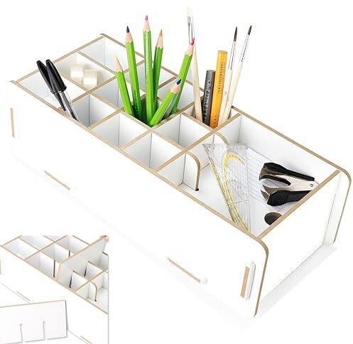clipfritz - Stifte Organizer aus Holz in Weiß (ca.14x32cm) - Aufbewahrung und Ordnung für Schreibtisch - Stiftehalter für Kinder und Erwachsene - Stiftebox/Stiftebehälter für Büro und Homeoffice