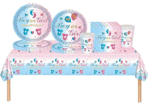Little Foot Baby Shower Gender Reveal Tableware for Girls & Boys - She or He Theme Cloth, Plates, Napkins, Cups - 69Pcs
