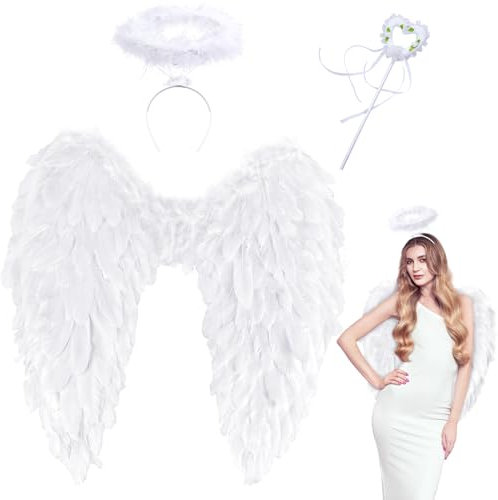 Orgoue Alas de Ángel Negras Alas de Ángel para Disfraces de Carnaval Alas de Plumas Disfraz de Ángel con Halo para Halloween Carnaval Fiesta de Cumpleaños (White L)