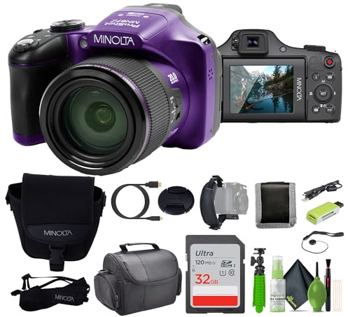 MINOLTA MN67Z - Fotocamera digitale Bridge FHD da 20 MP / 1080p, con zoom ottico 67x (viola) Bundle con scheda di memoria da 32 GB + borsa camara + kit di pulizia + treppiede per vlogging + accessori