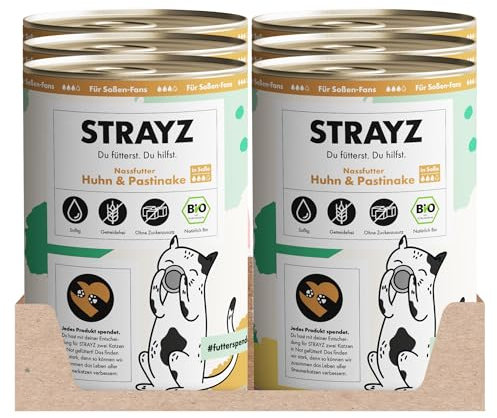 STRAYZ - Bio Katzenfutter in Soße - Huhn & Pastinake: Getreidefreies Katzenfutter hoher Fleischanteil ohne Zucker - Spendet für Straßenkatzen (6x400g)