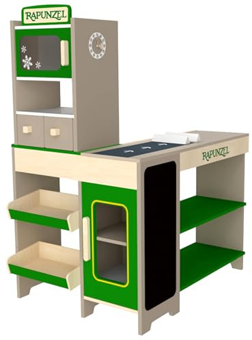 tanner DER KLEINE KAUFMANN TANNER Deco - Rapunzel Supermarkt aus Holz, Farbe Grün, mit Förderband, mit Zubehör für Kaufmannsladen, lebensmittelechtes Design, 0348.2