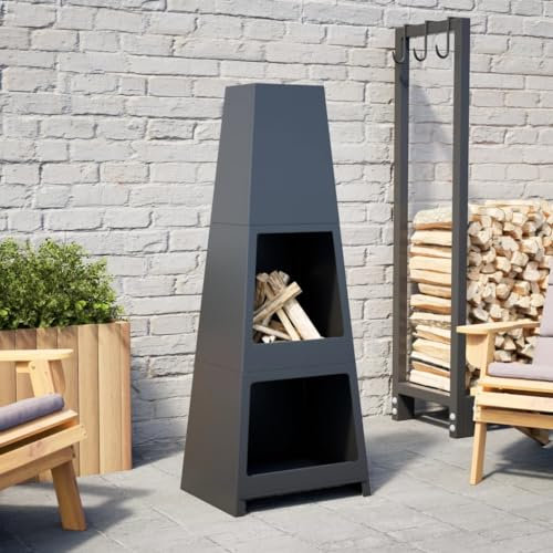 Homgoday Camino da esterno con torre di design in acciaio nero, caminetti