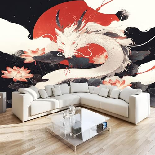 Papier Peint Panoramique lotus lever du soleil dragon Décoration Mural 200 x 140 cm Poster Papier Peint Intissé Murales Salon Chambre á Coucherr Bureau Décor à La Maison
