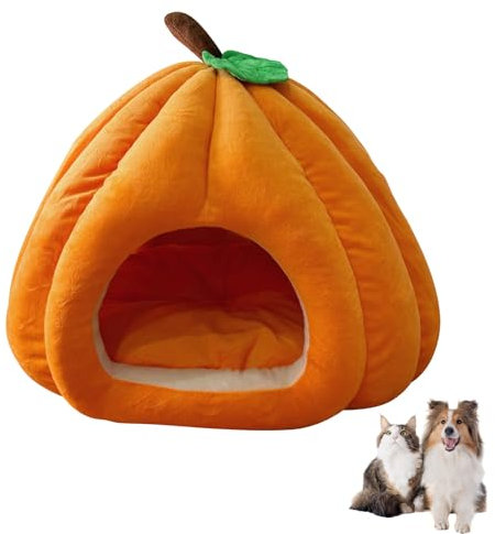 FONDUO Winter Kürbis Katzenbett mit Dach Weihnachten Plüsch katzenhöhle Haustier Kätzchen-Zelt Warm Waschbar Flauschiges Abnehmbares (L)