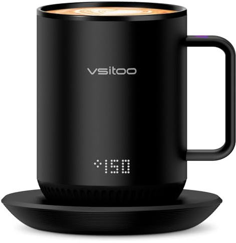 VSITOO S3 12oz Heated Coffee Mug with Temperature Control for Espresso | AI Beverage Detection, Auto Heating, Digital Display, Button/App Control. 120–150°F, 1°F Temperature Adjustment, 2–4H Runtime