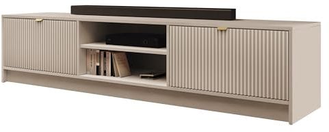 Mirjan24 TV Schrank Tireno 2K, Fernsehschrank, B:180 x H:40 x T:40 cm, TV Lowboard mit geriffelte Fronten, Fernsehtisch, TV Tisch, Unterschrank, TV Board, Schrank, TV Bank (Sandbeige)