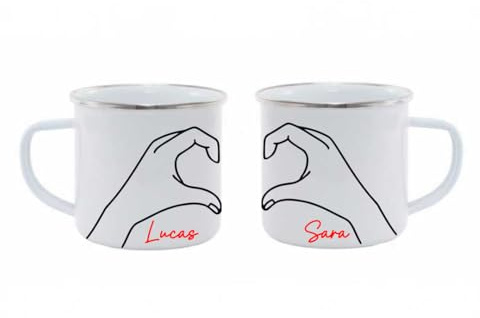 EVYRE | Pack 2 Tazas Metálicas San Valentín | Tazas Personalizadas Con Nombre, Blancas | Tazas Originales Para Regalar Estilo Retro | Taza Desayuno Personalizada (Manos corazón)
