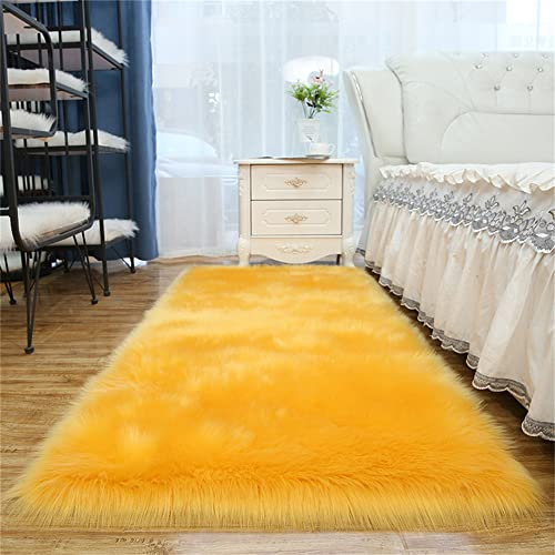 Weicher Faux Schaffell Shaggy Teppich für Schlafzimmer Dekor Waschbare, rutschfeste Flauschige Fellmatte (60 * 120cm Gelb)