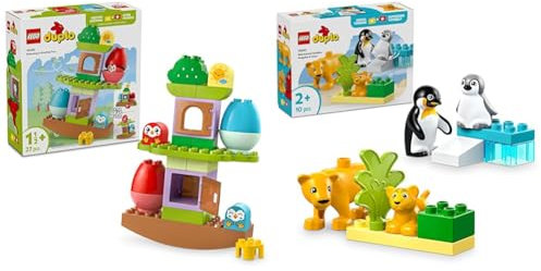 LEGO DUPLO Mon Premier Arbre Équilibrant & Empilable + Familles d'Animaux Sauvages : Pingouins & Lions Jouets Éducatifs Set d'Apprentissage pour Tout-Petits 10440 + 10442
