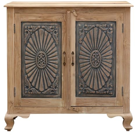 Marrakesch Vintage Kommode mit Türen aus Teak Holz 92cm | Skandinavische Deko kleines Sideboard Komode Abagail handgeschnitzt für stilvolle Aufbewahrung & Dekoration im Wohnzimmer & Schlafzimmer