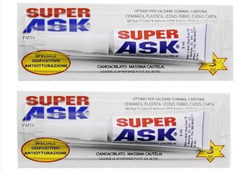 (Set 2 Tubetti) Colla SUPER ASK Istantanea Tubetto da 3ml Cianoacrilato di colla Ottima per Saldare Gomma Cartone Ceramica Plastica Legno Ferro Cuoio Carta Speciale Dispositivo Antiotturazione