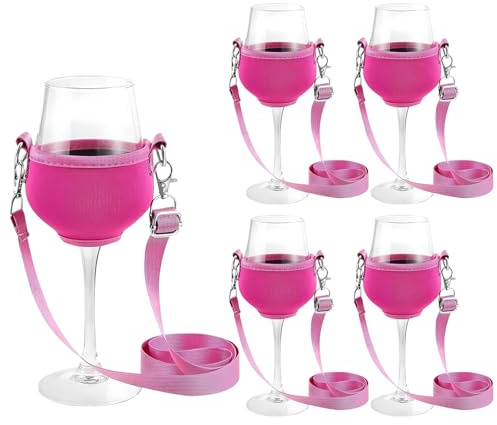 5 Stück Weinglashalter Zum Umhängen, Tragbare und Verstellbare Weinglashalter (rosa-fuchsia)