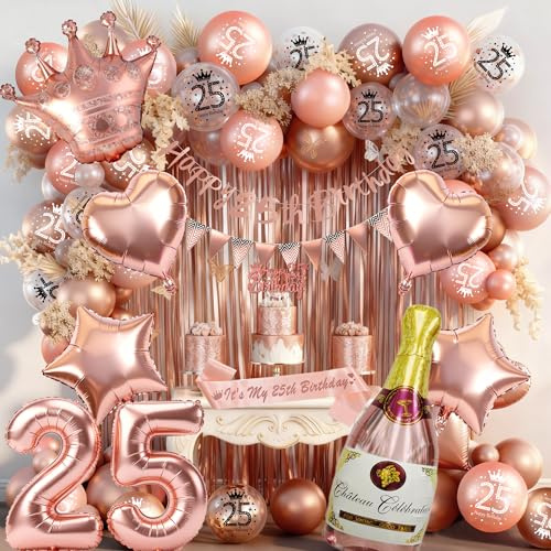 Rose Gold 25th Birthday Decoration for Girls - Happy 25th Birthday Banner, Triangle Flag Banner, Number 25 Balloons, Foil Curtains for Party Decorations