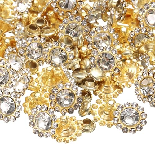 QUARKZMAN 100 Jeu Rivets A Strass 11mm Rivets Cristal Fleur Soleil Points Diamant Rivets Maroquinerie pour Decoration Vetements Cuir Tissu, Blanc