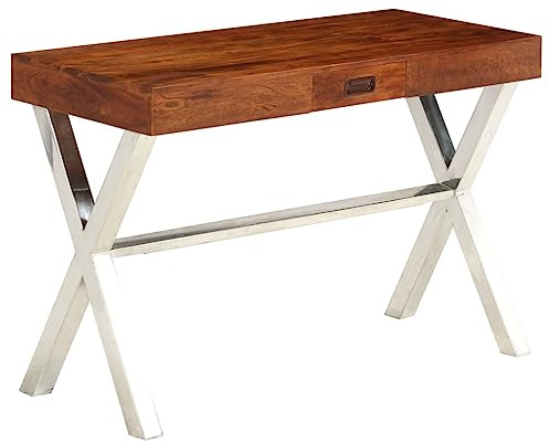Owoxanthellate Escritorio de acacia, 110 x 50 x 76 cm, acabado miel, retro, para ordenador, con cajón, madera maciza, estructura de metal, muebles de trabajo robustos para el hogar y la oficina