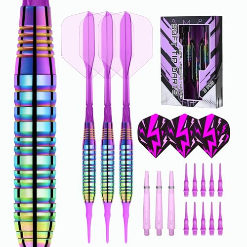 Mhekrep Soft Dartpfeile Set mit Kunststoffspitze, 22 Gramm, 3 Stück Profi Darts für Elektronische Dartscheibe, Rainbow Finish mit 10 Soft Tips, 6 Flights und Aufbewahrungsbox (Buntes Pulver)