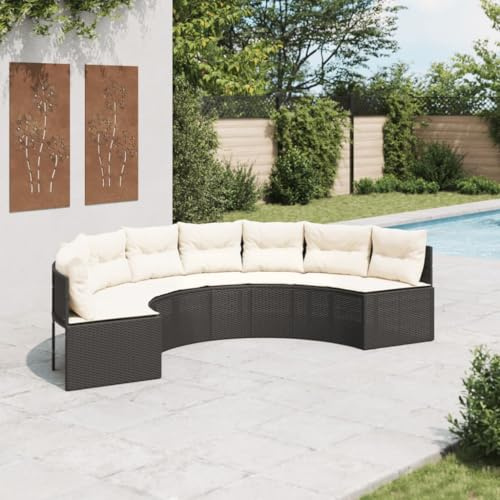 IBUQDDV Gartensofa Halbrund Schwarz Poly-Rattan mit Kissen Set, Bequemes Outdoor Sofa mit Abnehmbaren Bezügen und Stabilem Stahlrahmen für Terrasse Garten Poolbereich
