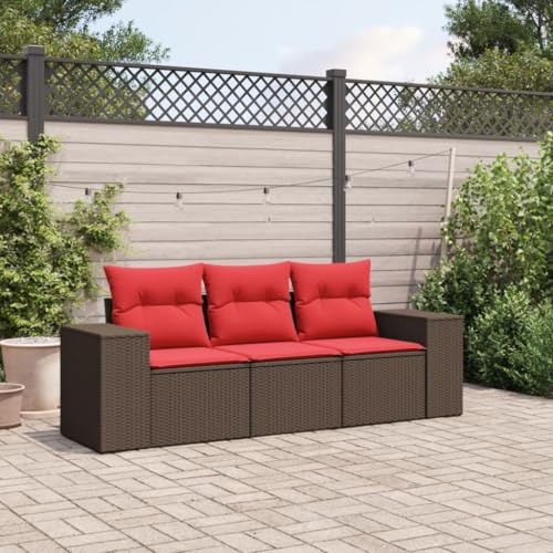 YunCangg 3-teiliges Gartensofa-Set, braun, aus robustem Polyrattan, mit dicken roten Kissen, modular, wetterfest und UV-beständig für Terrasse, Balkon, Veranda