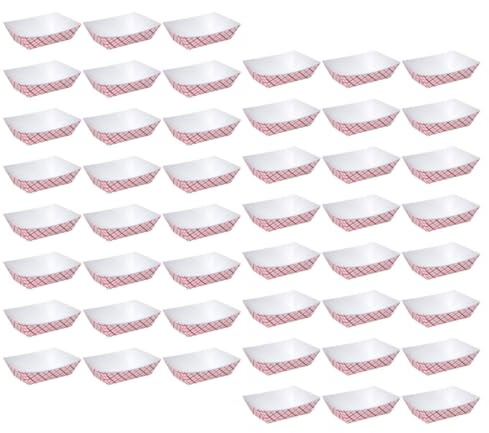ANDRESLAD Lot de 50 Plateaux Alimentaires Jetables 1/2lb en Papier Blanc, Motif Grille Rouge, Bateaux de Collation Multifonctions pour Apéritifs, Fêtes, Pique-niques et Service Traiteur