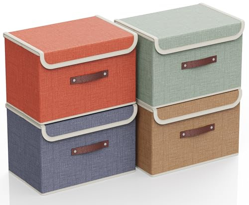 4-teilige klappbare Aufbewahrungsboxen aus Stoff mit Deckel und Griffen, zusammenlegbare Kleiderschrank-Organizer & Kleiderkörbe für Kleidung, Bücher, Fotos | 38x25x25 cm (Vierfarben-set ko1)