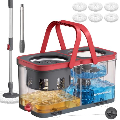 SONGMICS Mocio Rotante con Secchio, Separazione Acqua Pulita e Sporca, Cestello in Acciaio Inox, 6 Panni in Microfibra, con Ruote, 47,5 x 25,5 x 24 cm, Grigio e Rosso, Collezione CLEMAX LMB004GT06
