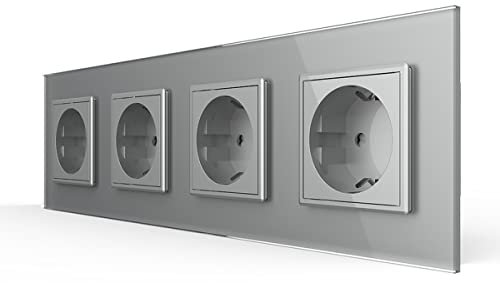 LIVOLO Glas schuko Steckdose 4 Fach Grau mit Kindersicherung vierfach Einbau Glassteckdose Unterputzdose mit Glaspanel Schutzkontakt VL-C7C4EU-15