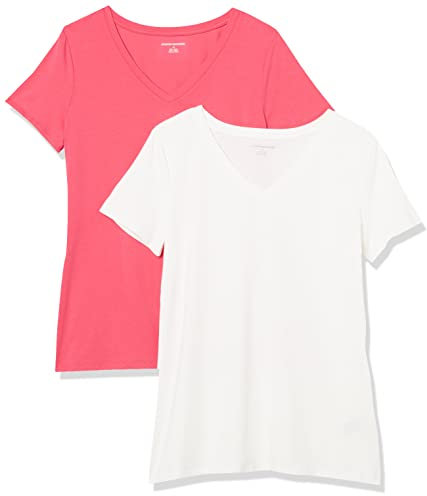 Amazon Essentials Maglietta con Scollo a v a Maniche Corte vestibilità Regolare Donna, Pacco da 2, Rosa Brillante/Bianco, XXL
