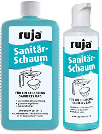 ruja Sanitär-Schaum Set | 250 ml Schaum- und 1 Liter Nachfüllflasche | Für Waschbecken, Wannen, Armaturen, Fliesen und WC im Bad | Mit Metallschutz für empfindliche Oberflächen