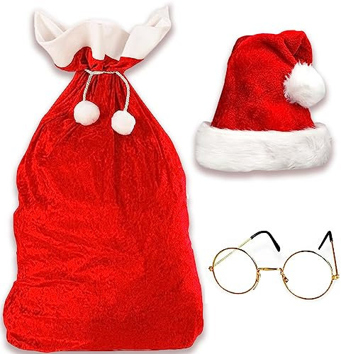 Weihnachtssack + Weihnachtsmütze + Brille, XXL Nikolaussack Weihnachtsmann Sack Santa Sack Geschenkesack Weihnachtsmannsack für Geschenke, Nikolausmütze in Plüsch Weihnachtsmann Mütze Rot