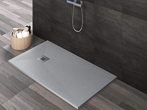 Essence ArredoBagno Duschwanne aus Mineralmarmor in Steinoptik - Marmor aus Harz mit Gelcoat - Gitter aus Edelstahl - Farbe hellgrau - 80 x 160 cm