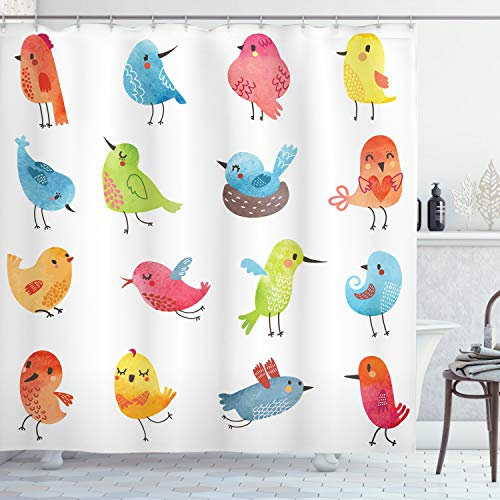 ABAKUHAUS Vögel Duschvorhang, Bunte Humor Vogel, Stoffliches Gewebe Badezimmerdekorationsset mit Haken, 175 x 180 cm, Blau Orange