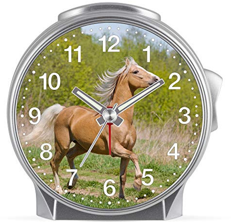 Eurotime Kinder Wecker für Mädchen mit Pferde-Motiv, Kunststoffgehäuse und Kunststoffglas, geräuscharmer Wecker, kein Ticken, mit Licht und Weckwiederholung, 29605-07