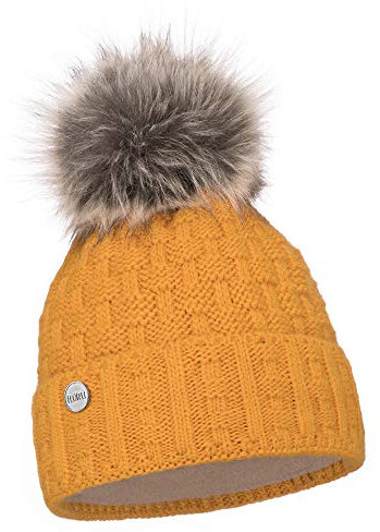 ELIMELI Damen Winter Mütze warme Strickmütze Wintermütze mit Bommel Slouch Strick Beanie Damen für Winter Bommelmütze Hergestellt in EU Farbenauswahl 16517 (Senfgelb)