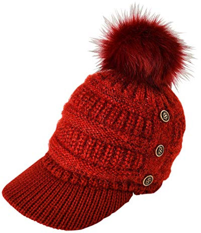 ACVIP Wintermütze Damen Gestrickte Schirmmütze mit Schild Strickmütze Bommelmütze(Rot)
