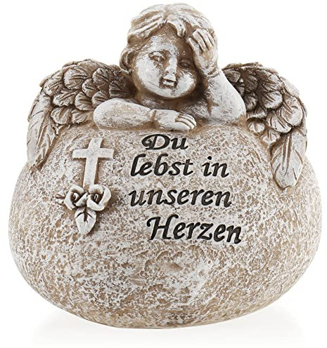 com-four® Grab-Dekoration in Herz-Form mit Engel - Gedenkstein mit Inschrift, Kreuz und Rosen - wetterfester Grabschmuck - Trauerstein mit Gedenkspruch (1 Stück - Engel Du lebst in unseren Herzen)