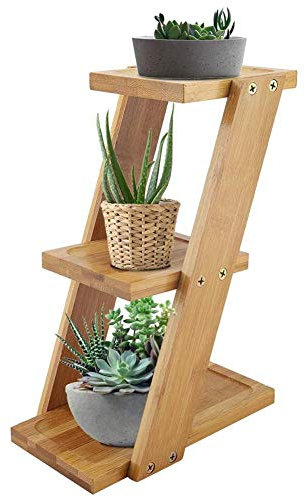 Wakects Mini Supporto in Legno per Piante e Fiori, Supporto per Piante in Vaso a 3 Livelli in Bambù, Scaffale a Scala Portafiori da Interno, per Portavasi Fioriera Decorazione