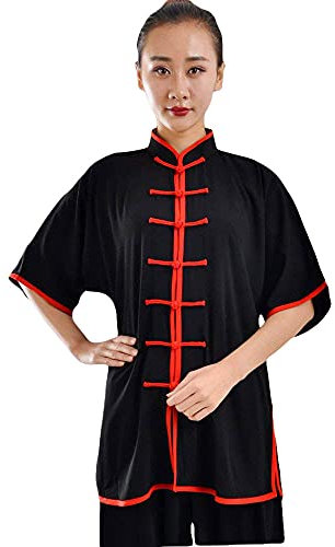G-LIKE Damen Herren Tai Chi Trainingsanzug – Traditionelle Chinesische Kampfkunst Taiji Kung Fu Qi Gong Wing Chun Wushu Frühling Sommer Training Unisex Uniform Kurzärmelig Anzug (Schwarz&Rot, XXXL)