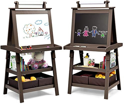 DREAMADE Chevalet Peinture pour Enfants avec Double Faces Noir et Blanc, Table àDessin pour Fille et Garçon avec 2 Étagères de Rangement, Multifonctionnel avec Accessoires Riches (Café)