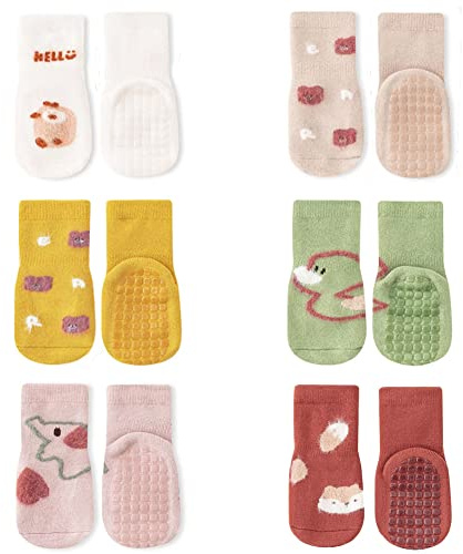 FedMois Pack de 6 Calcetines Térmicos Invierno de Algodón Antideslizantes para Bebé Niño Niña, Pato, 0-1 año